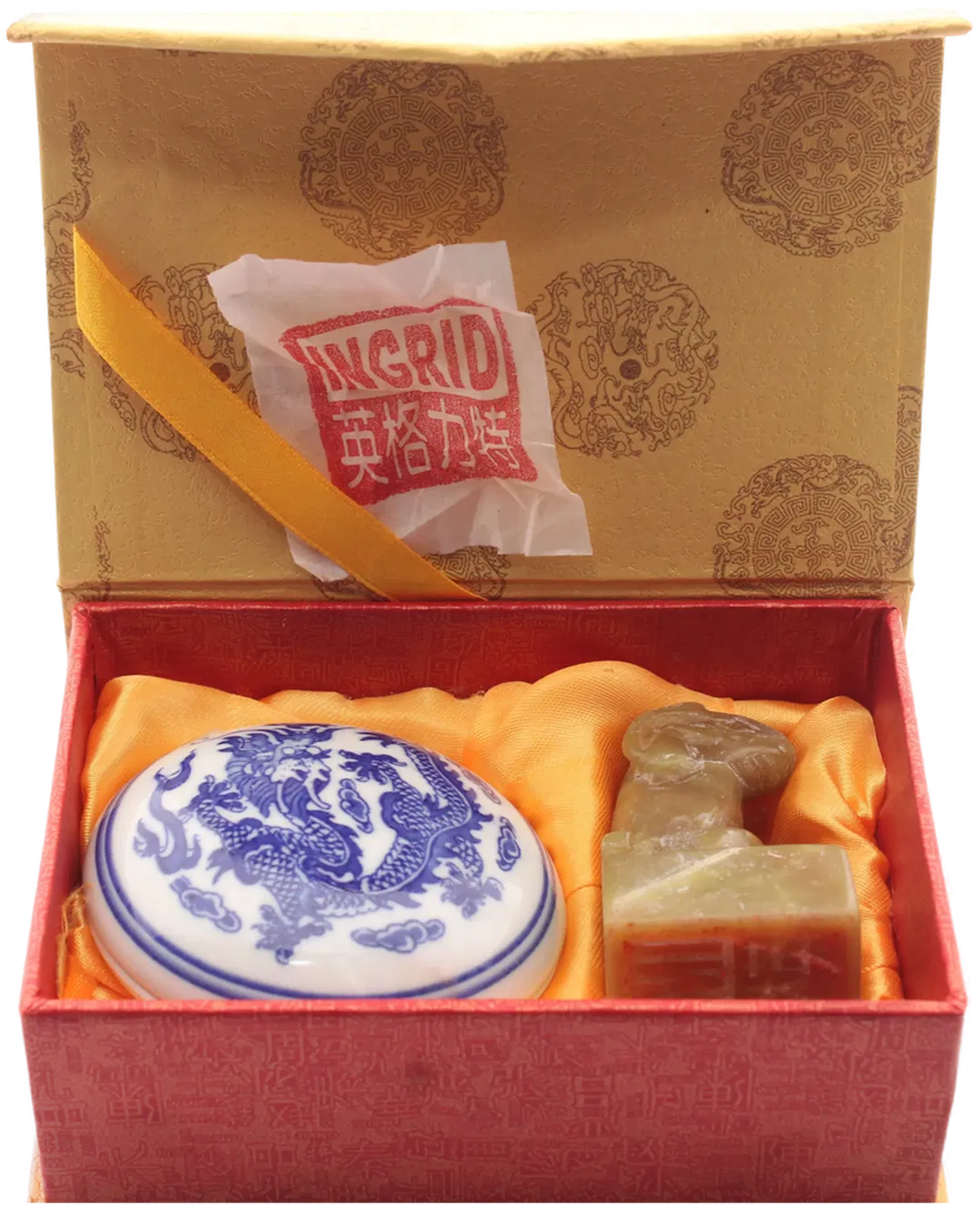 Chinesisches Siegel Set „INGRID“ – Stein Stempel + Stempelkissen im Geschenketui - Bild 1