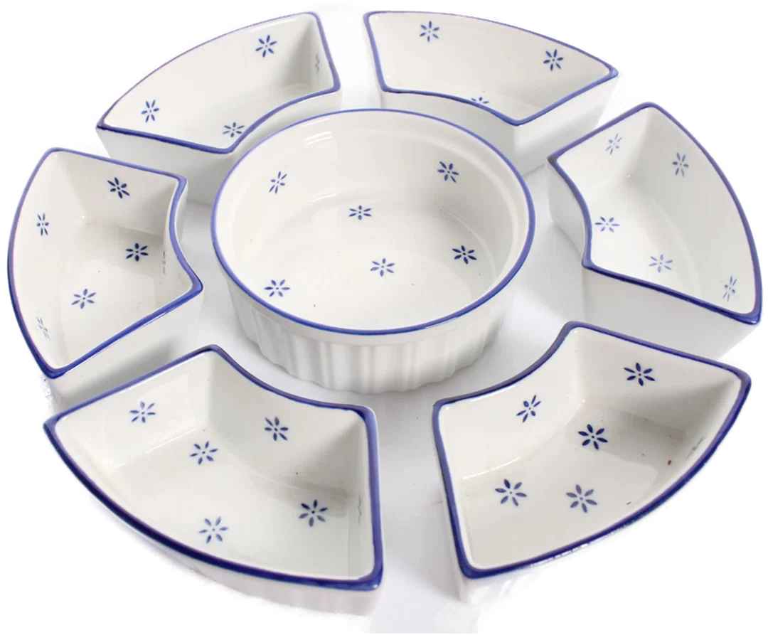 Vintage Servierset aus Keramik mit Korb – 7-teilig, rund – Bild 2