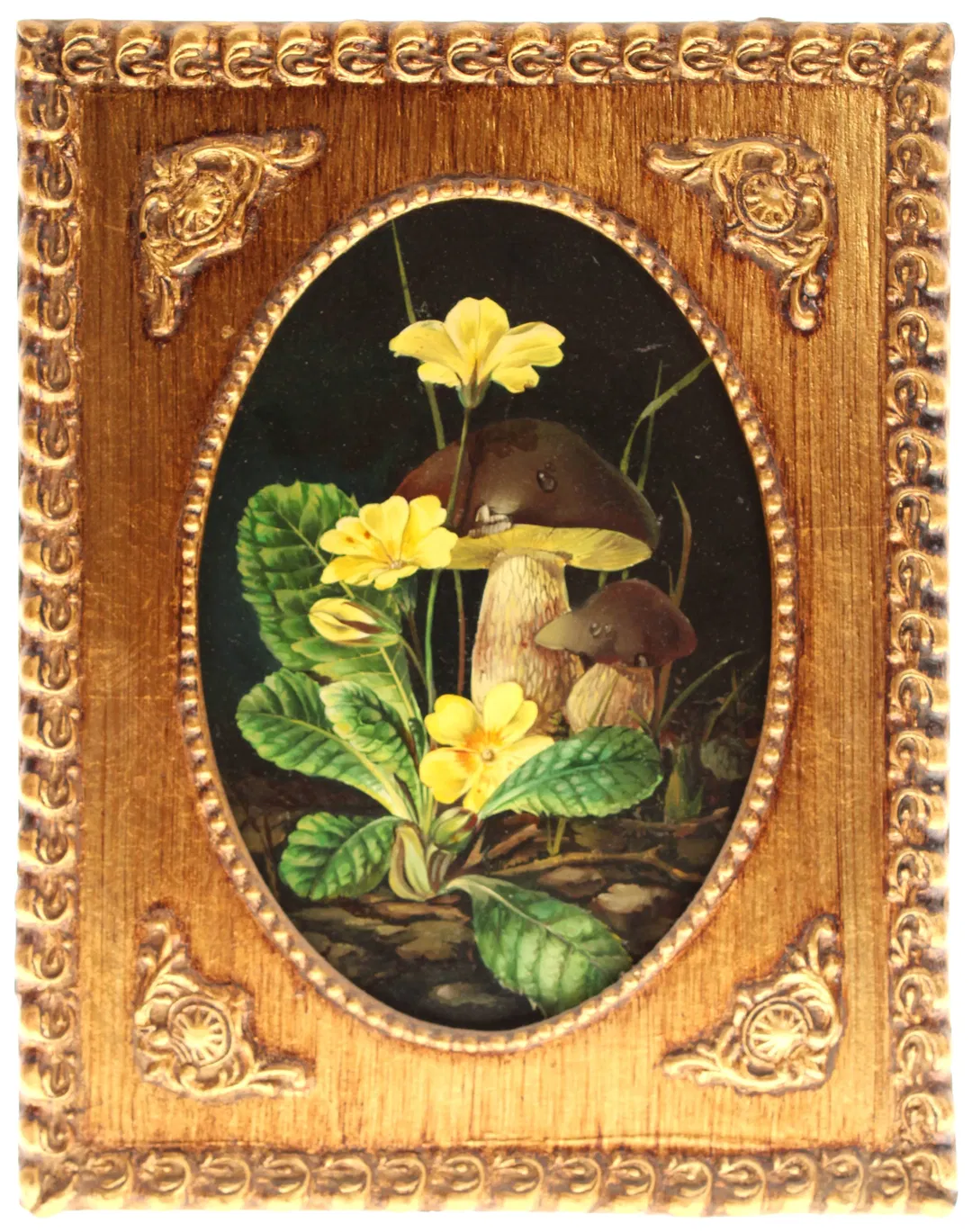 Vintage Bild mit Pilz- und Blumenmotiv – im goldfarbenen Zierrahmen - Bild 1