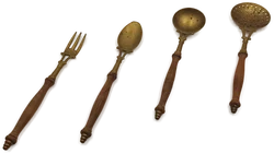 Vintage Servierbesteck aus Messing & Holz 4er Set 