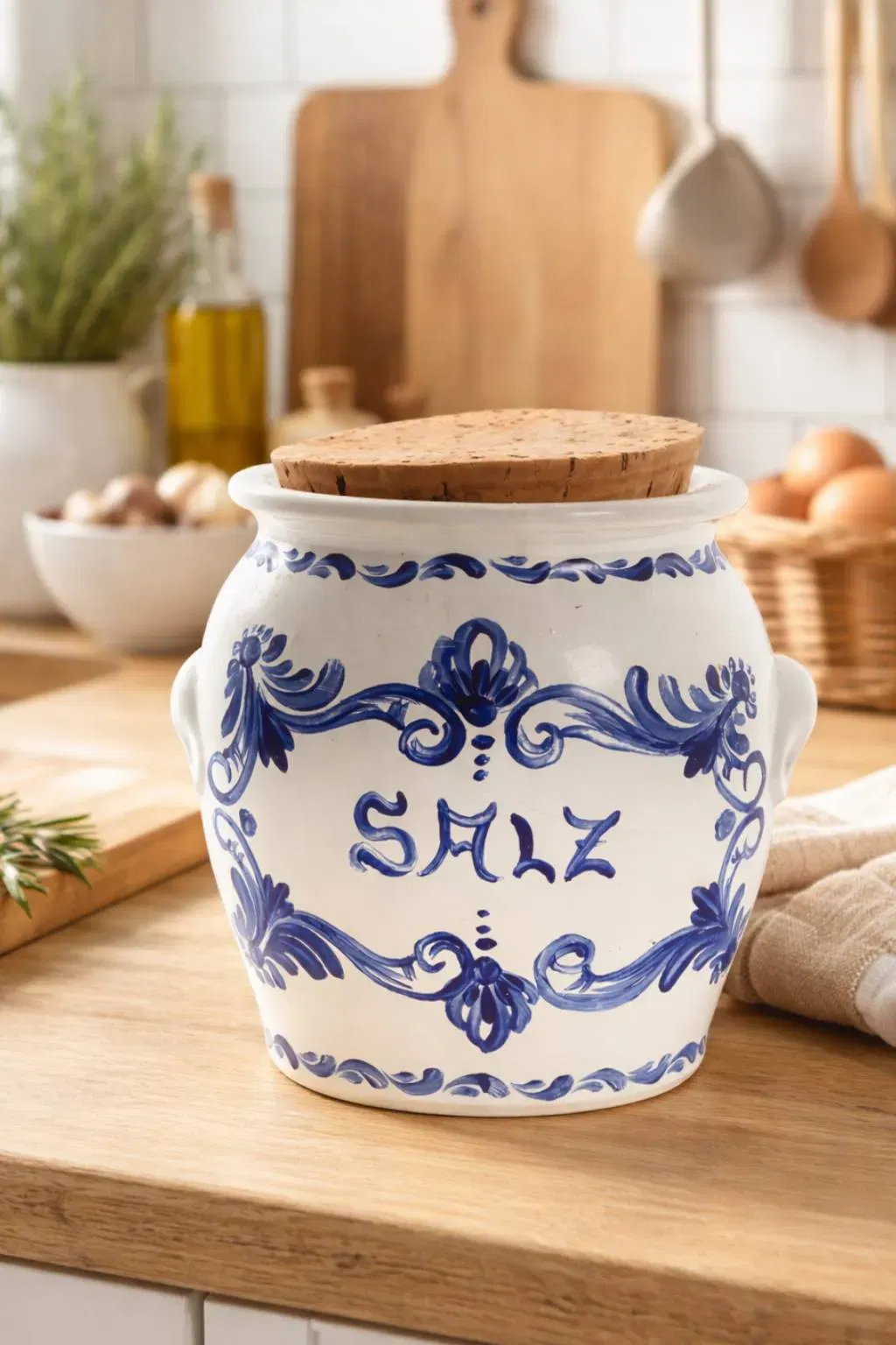 Salztopf aus Porzellan mit Korkdeckel – handbemalt blau-weiß – Vintage – ca. 13,5 cm - Bild 1