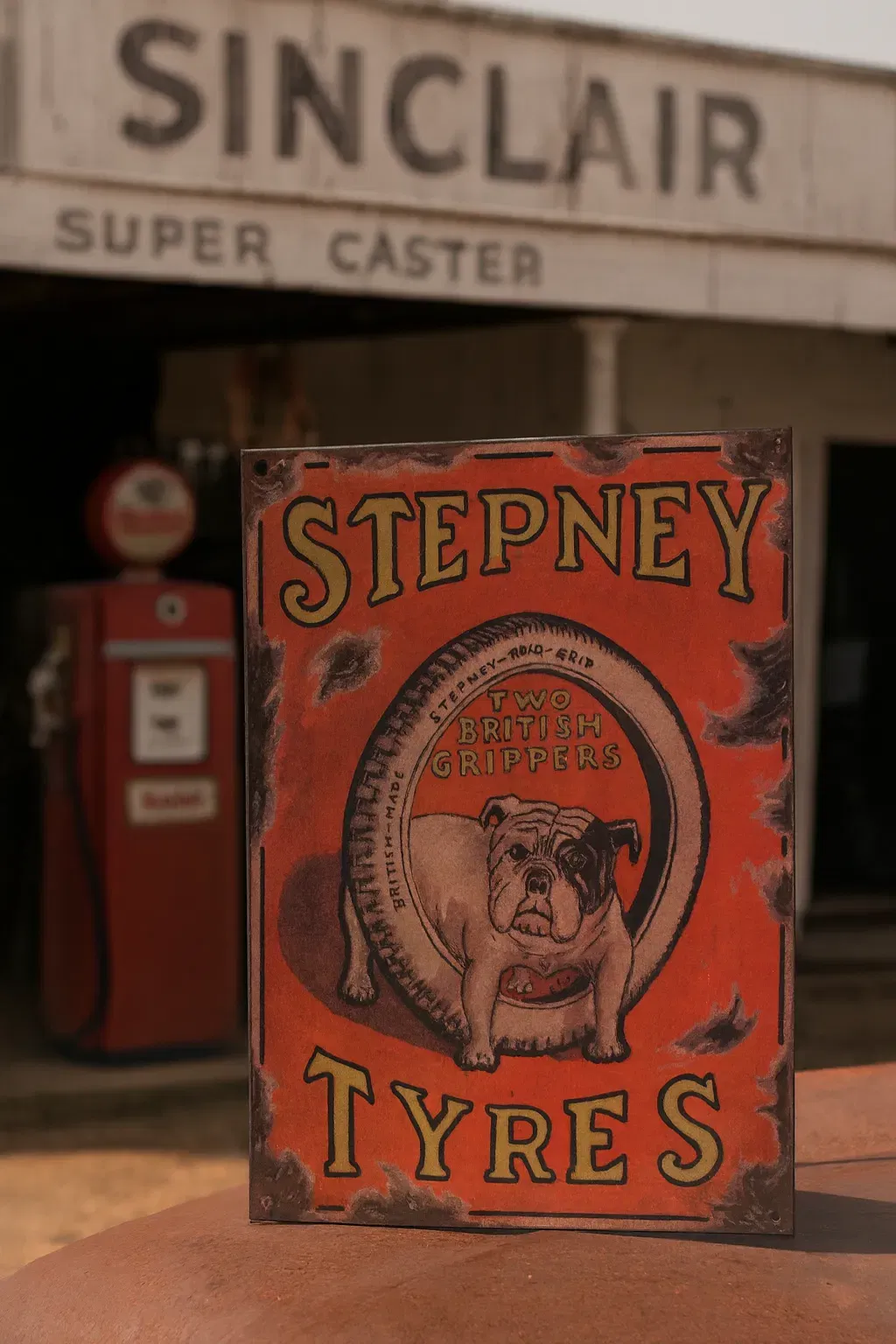 Metallschild „Stepney Tyres – Two British Grippers“ | Vintage Deko Schild Bulldogge | Retro Werbung - Bild 1