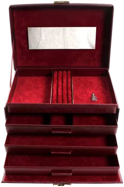 Schmuckkoffer / Schmuckbox, dunkelbraun mit bordeaux Samtinnenfutter, 3-lagig mit Spiegel & Ringrolle — inkl. Schlüssel - Bild 3
