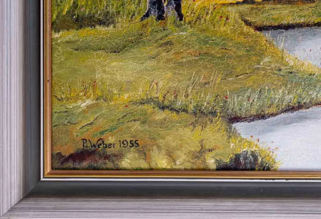 Vintage Gemälde Landschaft Fluß mit Gebirge von P. Weber 1955 – Bild 2