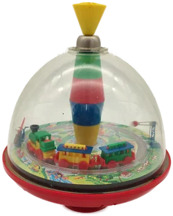 Bunte Spielzeug-Eisenbahn mit transparenter Haube | Retro-Charme