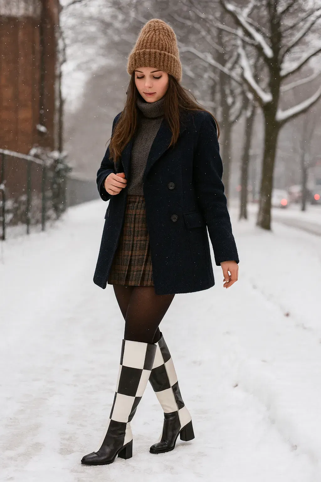 MONKI Damen Stiefel Größe 40 – Schwarz/Weiß Check Muster – PETA Vegan – Absatz 6,5 cm - Bild 4