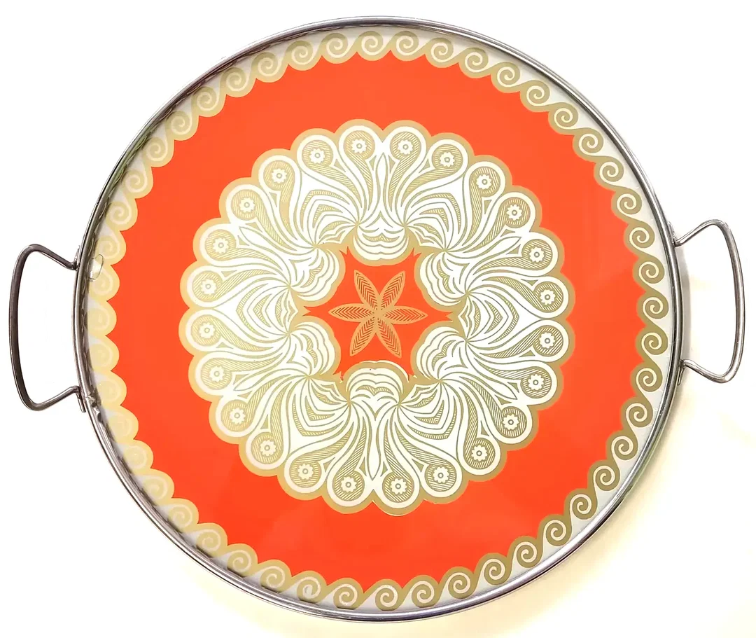 Mid-Century Serviertablett/Kuchentablett - orange/gold - Bild 1