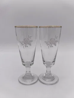 2 Stk. Vintage-Sektflöten/Champagnergläser, Goldrand, geätztem Rosendekor, 1960er/1970er 