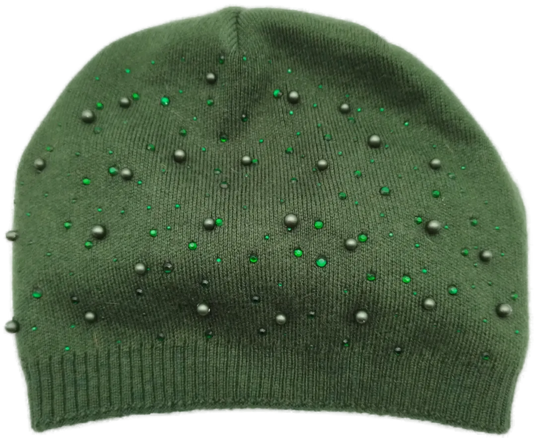 Grüne Wintermütze im Perlen-Look - 85% Viskose, 10% Kaschmir, 5% Elasthan - Bild 4