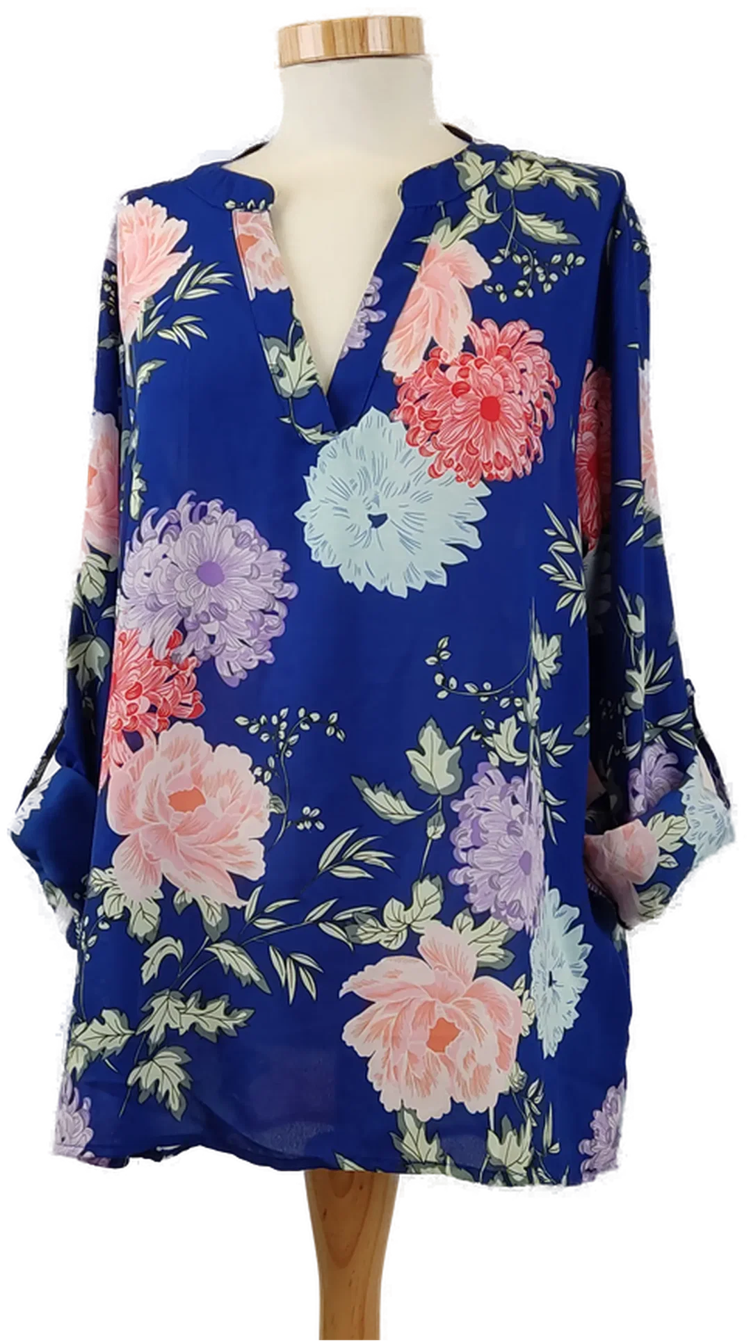 Damen Bluse blau mit bunten Blumen, Ärmelriegel, Gr. L - Bild 1