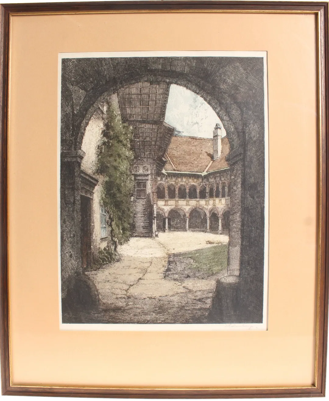 Bild Josef Eidenberger – Farbradierung (koloriert) „Arkadenhof / Innenhof“ – gerahmt - Bild 1