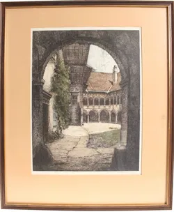 Bild Josef Eidenberger – Farbradierung (koloriert) „Arkadenhof / Innenhof“ – gerahmt - Bild 1