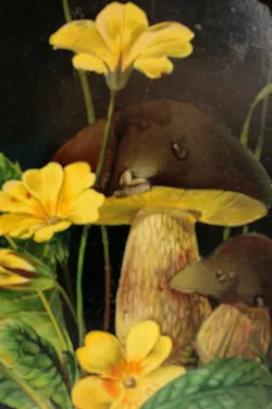 Vintage Bild mit Pilz- und Blumenmotiv – im goldfarbenen Zierrahmen - Bild 3