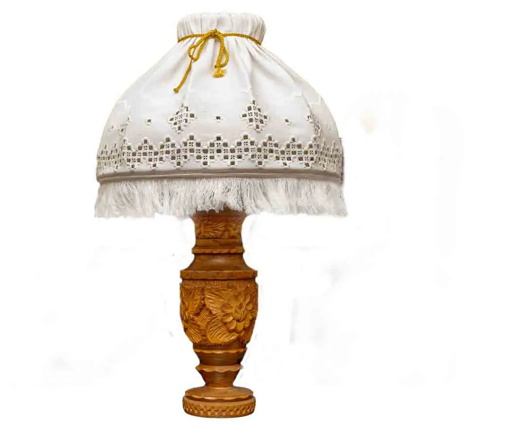 Holzlampe mit Stoffschirm, Schnitzereien, H 72 cm, Vintage – Bild 2