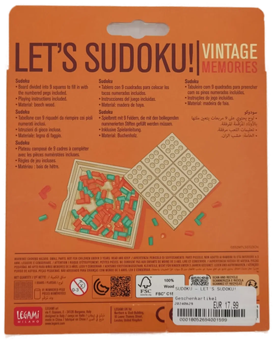 LEGAMI „Let’s Sudoku! – Vintage Memories“ Holz-Sudoku, Stecksteine im Blister – Bild 3
