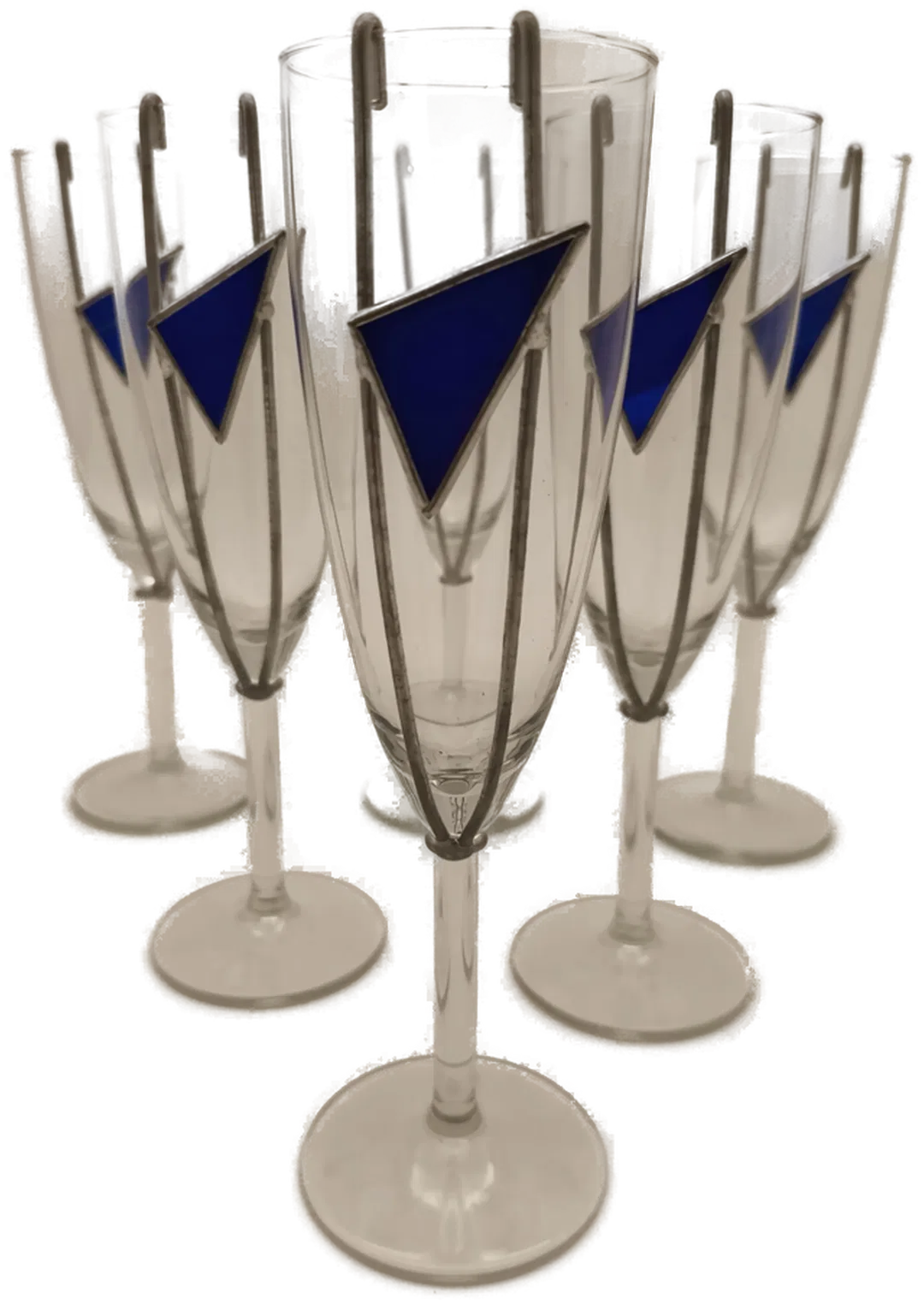 Champagner-/Sektgläser 6 Stück handverziert mit blauen Glasdreiecken Kunsthandwerk - Bild 1