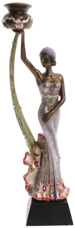 Eleganter Kerzenständer mit Damestatue in lilafarbenem Kleid – bronzefarbene Figur mit Kunstedelsteinen - Bild 2