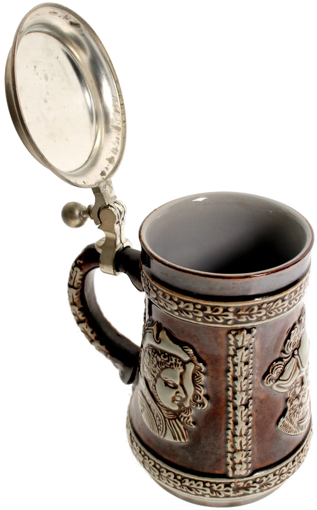 Steinzeug Bierkrug mit Zinndeckel, Reliefdekor – Höhe 15,5 cm – Bild 3