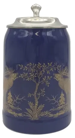 Jagdkrug/Bierkrug aus Porzellan mit Deckel in blau-gold, Höhe 17cm - Bild 4