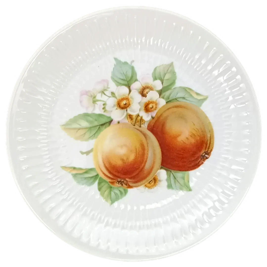Vintage Hutschenreuther Selb - strukturierte Porzellan-Kuchenplatte mit 6 Gebäcktellern (Serie Apart / Obst-Serie) – Bild 7