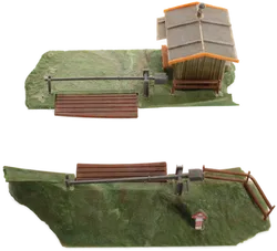 Konvolut Modellbahn-Dekoration – Kirche, Bahnübergänge, Hochstand, Bäume - Bild 4