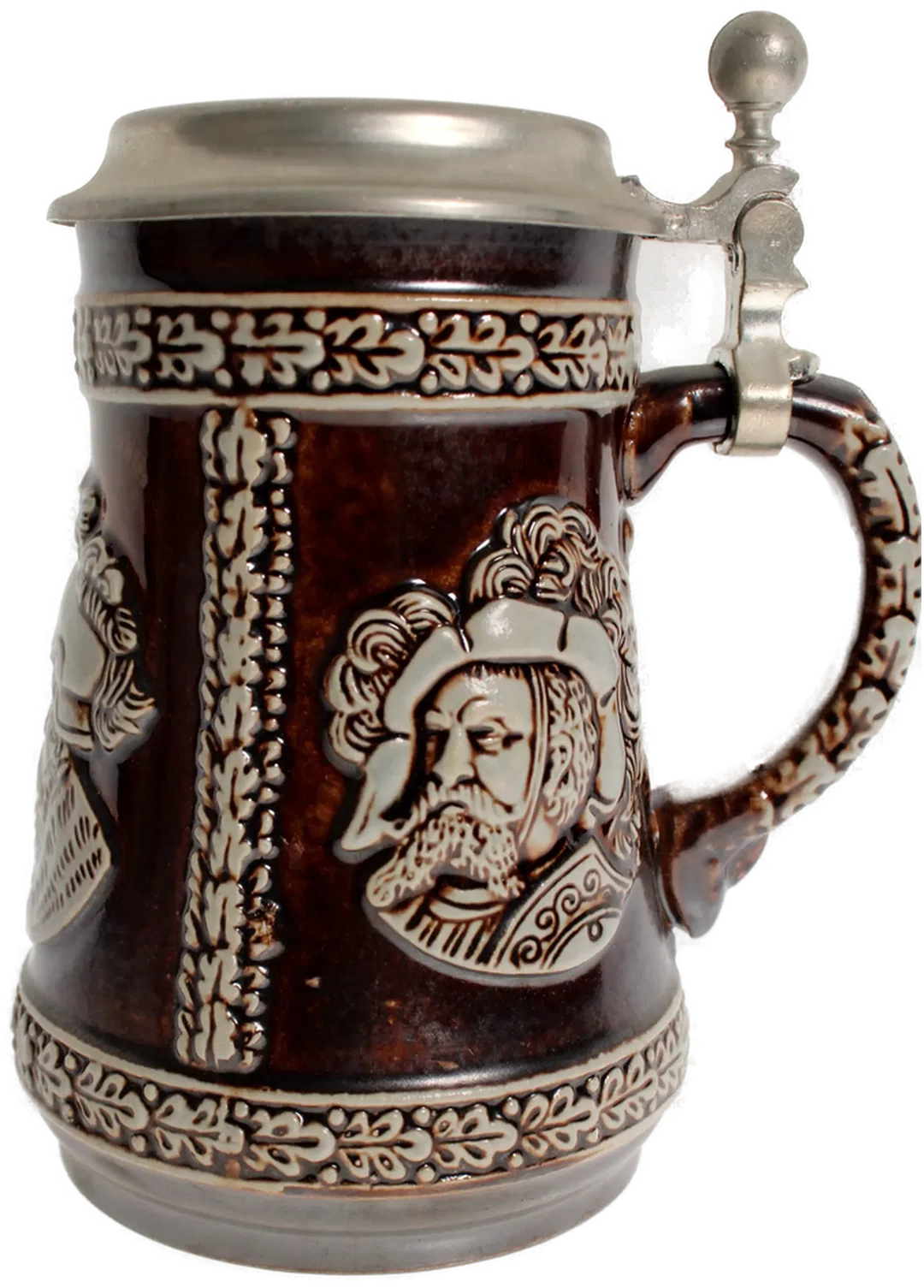 Steinzeug Bierkrug mit Zinndeckel, Reliefdekor – Höhe 15,5 cm - Bild 4