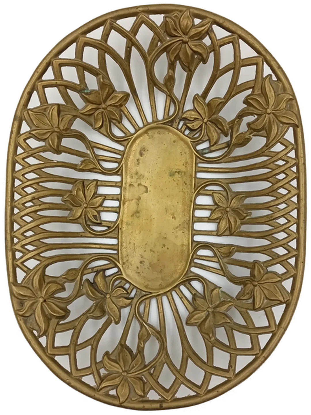 Jugendstil Messingschale "MOD DEP" – Ovale Dekoschale mit floralem Durchbruchmuster – Bild 6