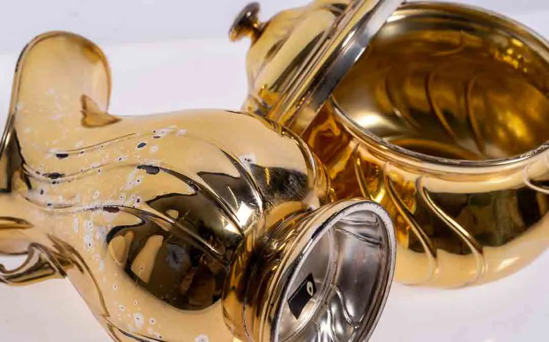 Teekanne orientalisch aus Metall im Gold-Look mit Milchkänchen und Zuckerdose – Bild 3