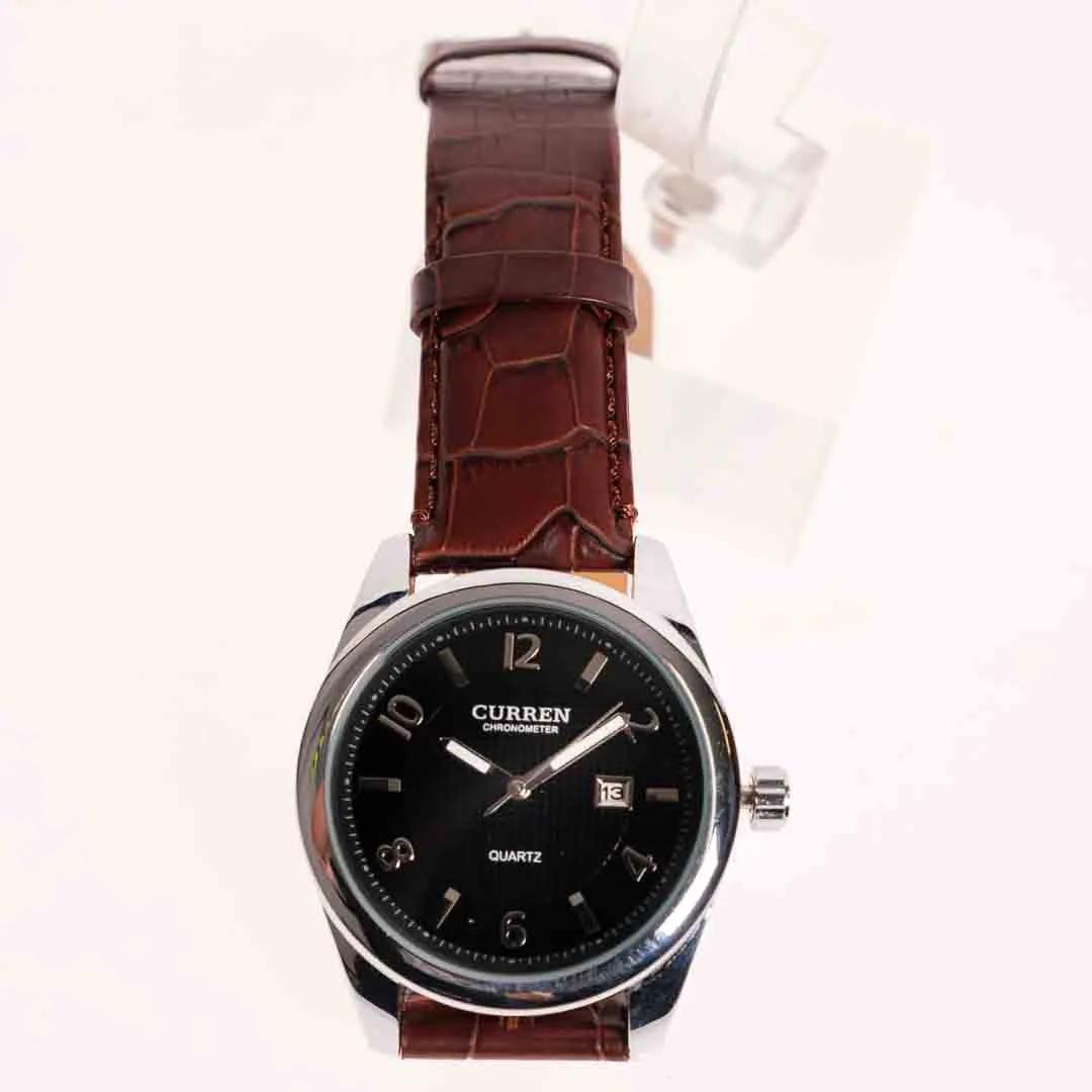 CURREN Quartz Herrenuhr Schwarz mit Datum, braunes Lederband – Bild 4