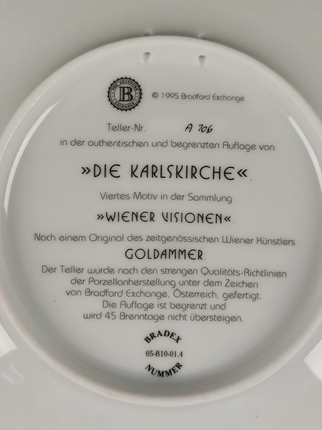 Bradfort Exchange Porzellan - Sammelteller "Die Karlskirche" Goldammer / Teller-Nr.: A 106 – Bild 3