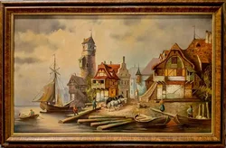 Großes Ölgemälde Hafenstädtchen, signiert Reinold, Prunkrahmen 114x74cm – Vorschau 1