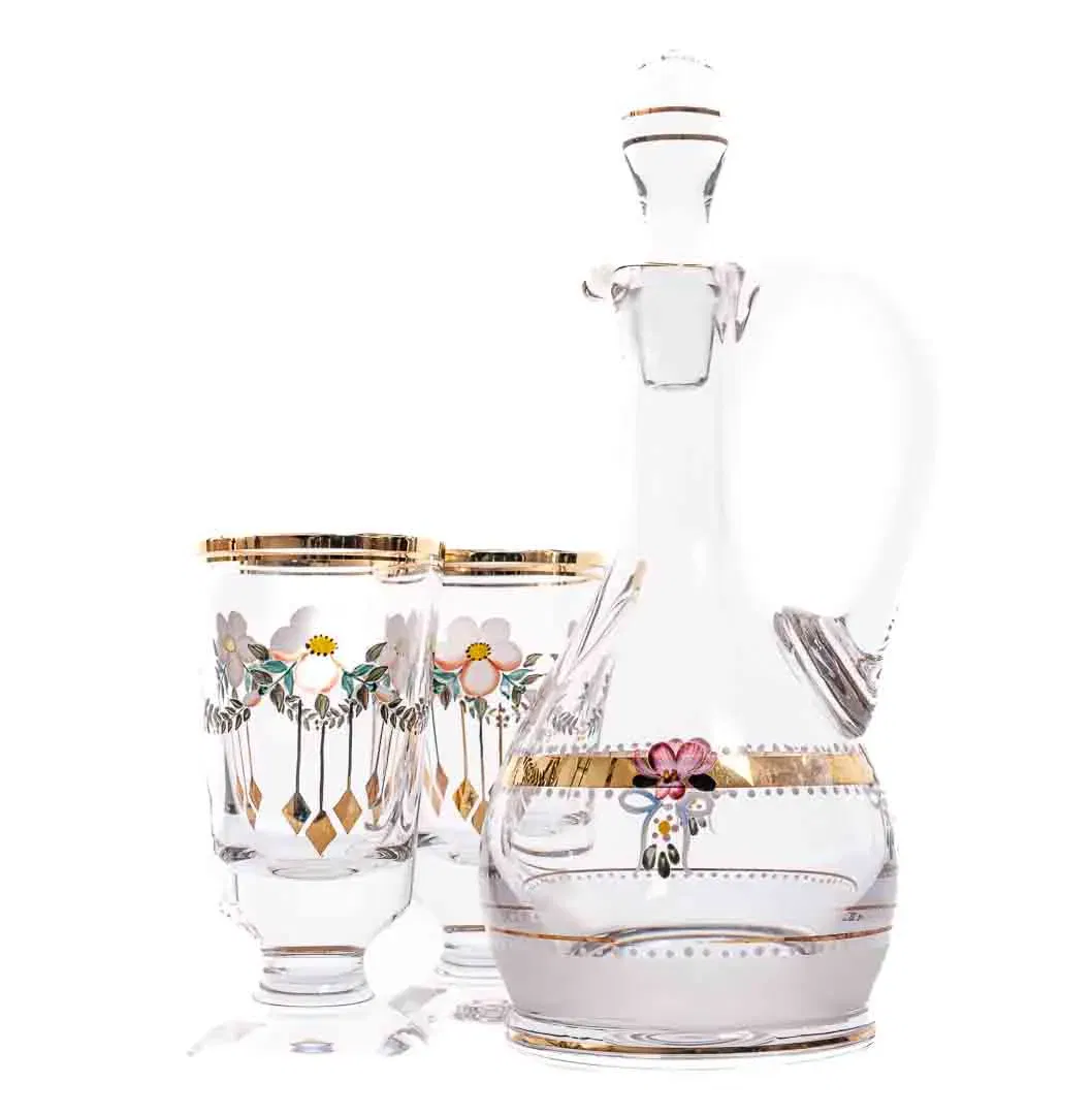 Karaffe mit 2 Gläser, Kristall, bemalt, Goldrand - Bild 1