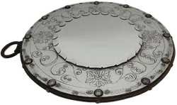 Runder Wandspiegel auf verzierter Metallplatte mit Holzrahmen - Bild 2