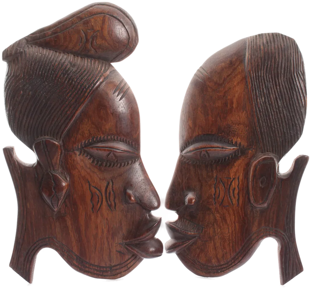 Afrikanische Holzmaske Paar – Handgeschnitzte Wanddeko – ca. 29 cm - Bild 1