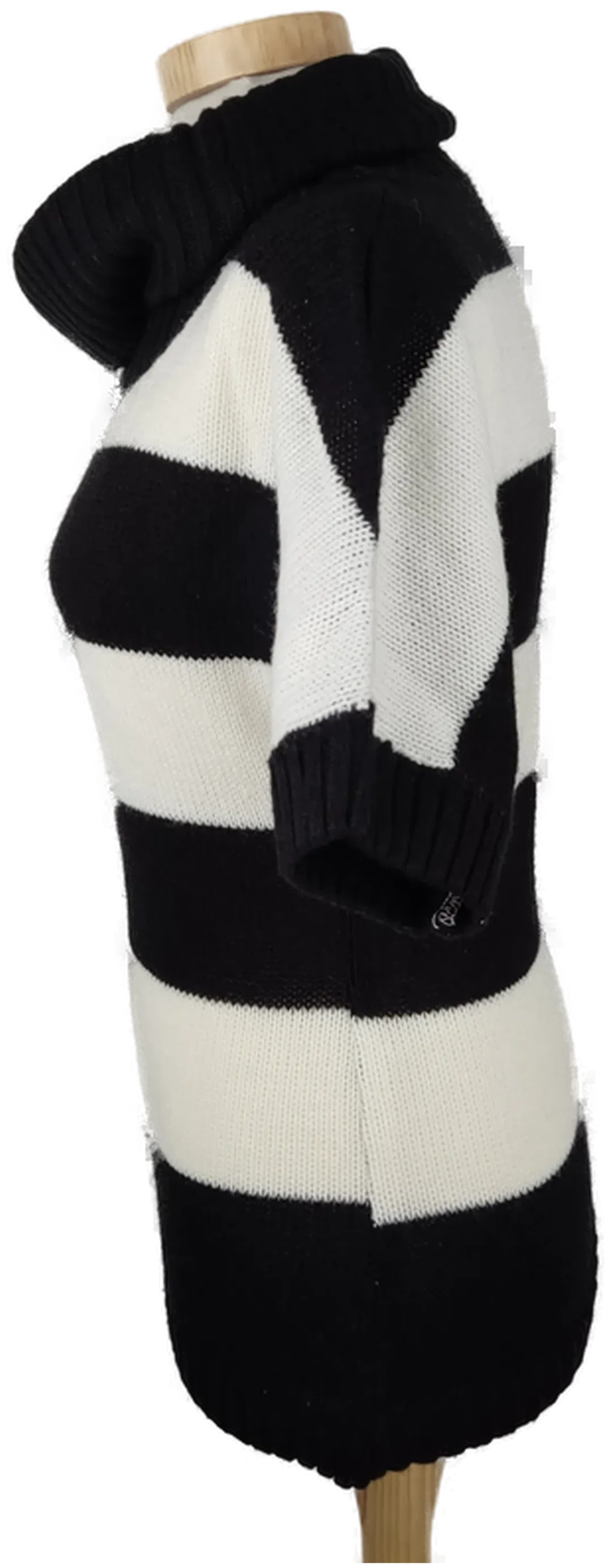 Pullover "Esmara", kurzarm mit Schalkragen, gestrickt, schwarz/weiß gestreift, Größe 36/38 – Bild 2