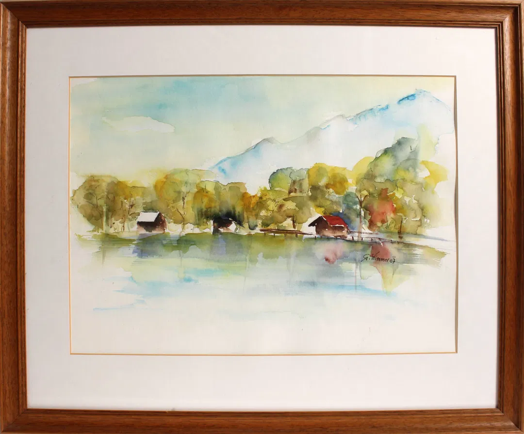 Bild Landschaft mit See und Hütten (Aquarell) - Bild 1