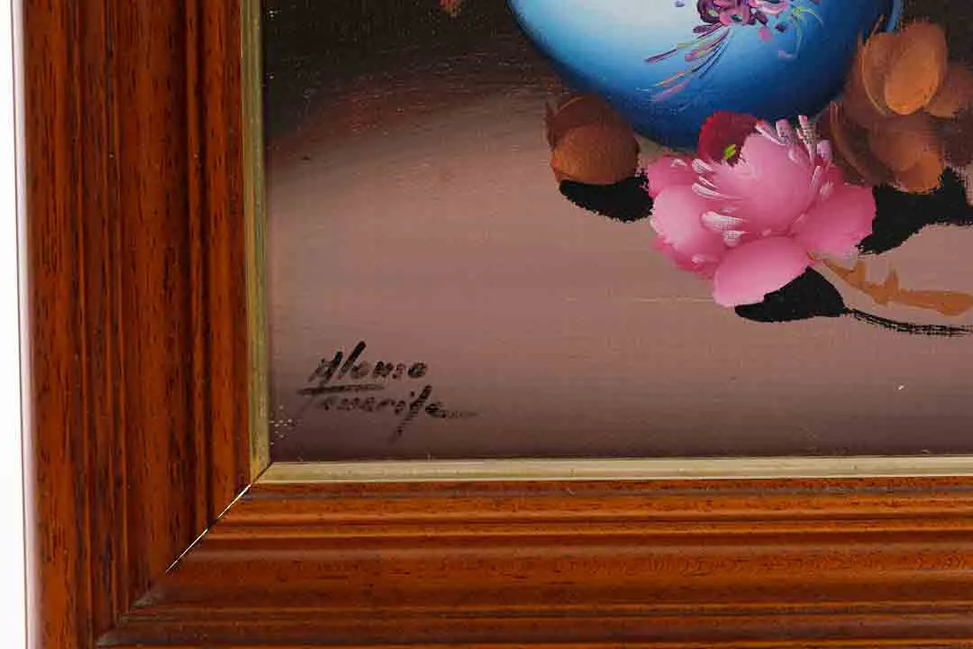 Bild Alfonso Tenerife Blumenstillleben im Holzrahmen, signiert, Vintage Wandbild – Bild 2
