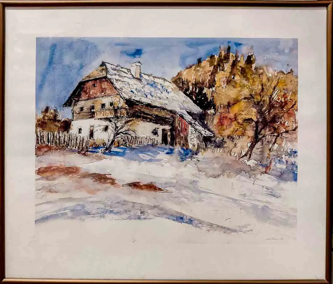Aquarell Bauernhof im Winter, signiert Kim Penfield, Holzrahmen – Bild 1