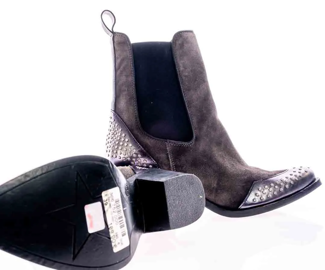 MJUS Damen Stiefeletten/Absatzstiefelette Rauleder mit Nieten Gr. 41 grau/braun  – Bild 4