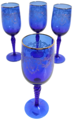4 Weingläser aus kobaltblauem Glas mit Goldrand und Ornamentgravur - Bild 3
