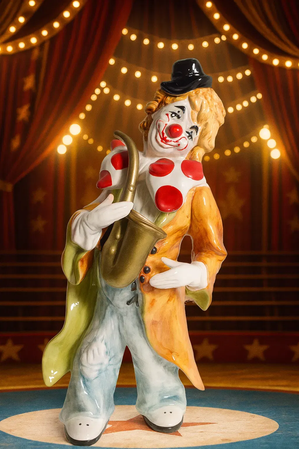 Große Clown Porzellanfigur mit Saxophon – Handbemalt – ca. 50 cm – Deko Sammlerfigur - Bild 4