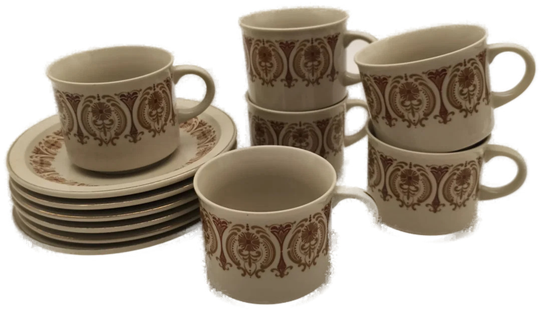 Set: 6 Kaffeetassen mit Untertassen, Vintage, Steingut, Retro 70er/80er – Bild 1