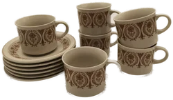 Set: 6 Kaffeetassen mit Untertassen, Vintage, Steingut, Retro 70er/80er – Vorschau 1