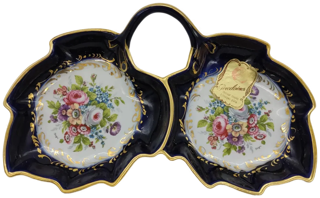 Limoges Doppel-Schale mit Blumenmuster und Goldrand Breite ca 24cm - Bild 4