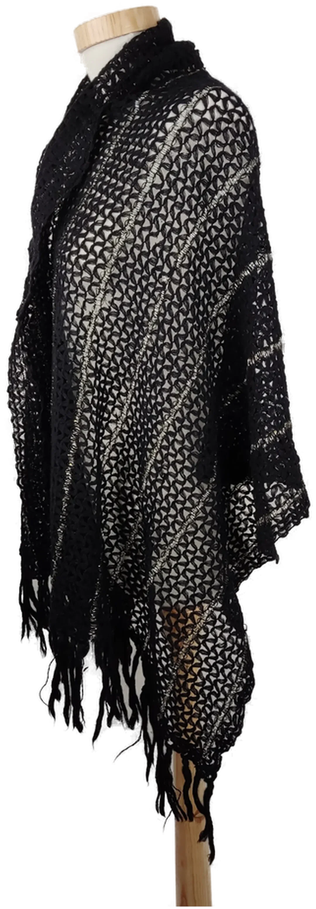 Stola gestrickt, schwarz/silber mit Fransen – Bild 2