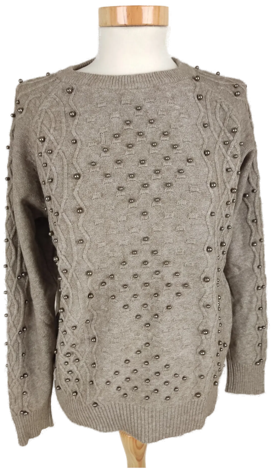 Pullover langarm mit Rundhalsausschnitt, braun mit Perlen, Größe 38 (geschätzt) - Bild 1