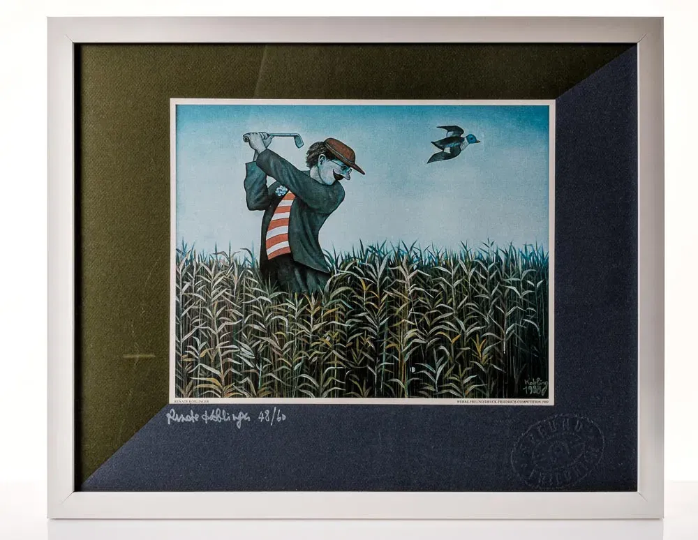 Farbdruck Golfer, Golfspiel, Feld, sign. Koblinger 1988, gerahmt - Bild 4