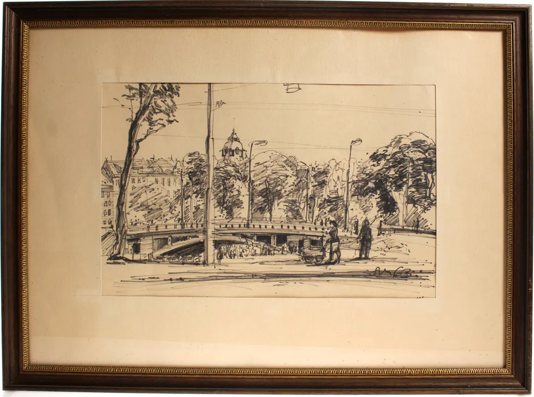 Bild Gerahmte Architekturzeichnung – Brückenszene mit Figuren, signiert und datiert „63“ - Bild 1