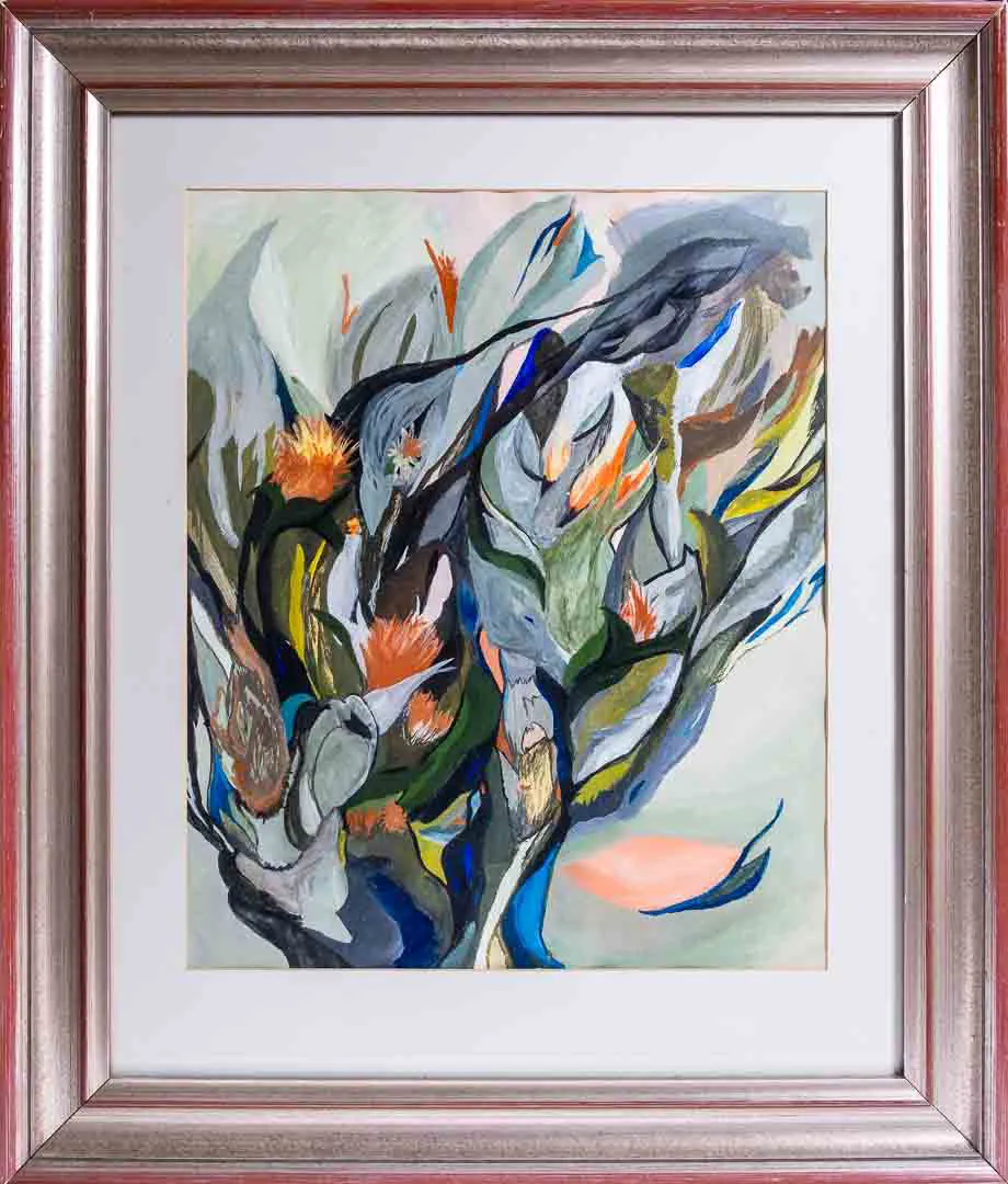 Gemälde mit abstraktem Blumenmotiv in Passepartout und rötlichem Holzrahmen - Bild 4