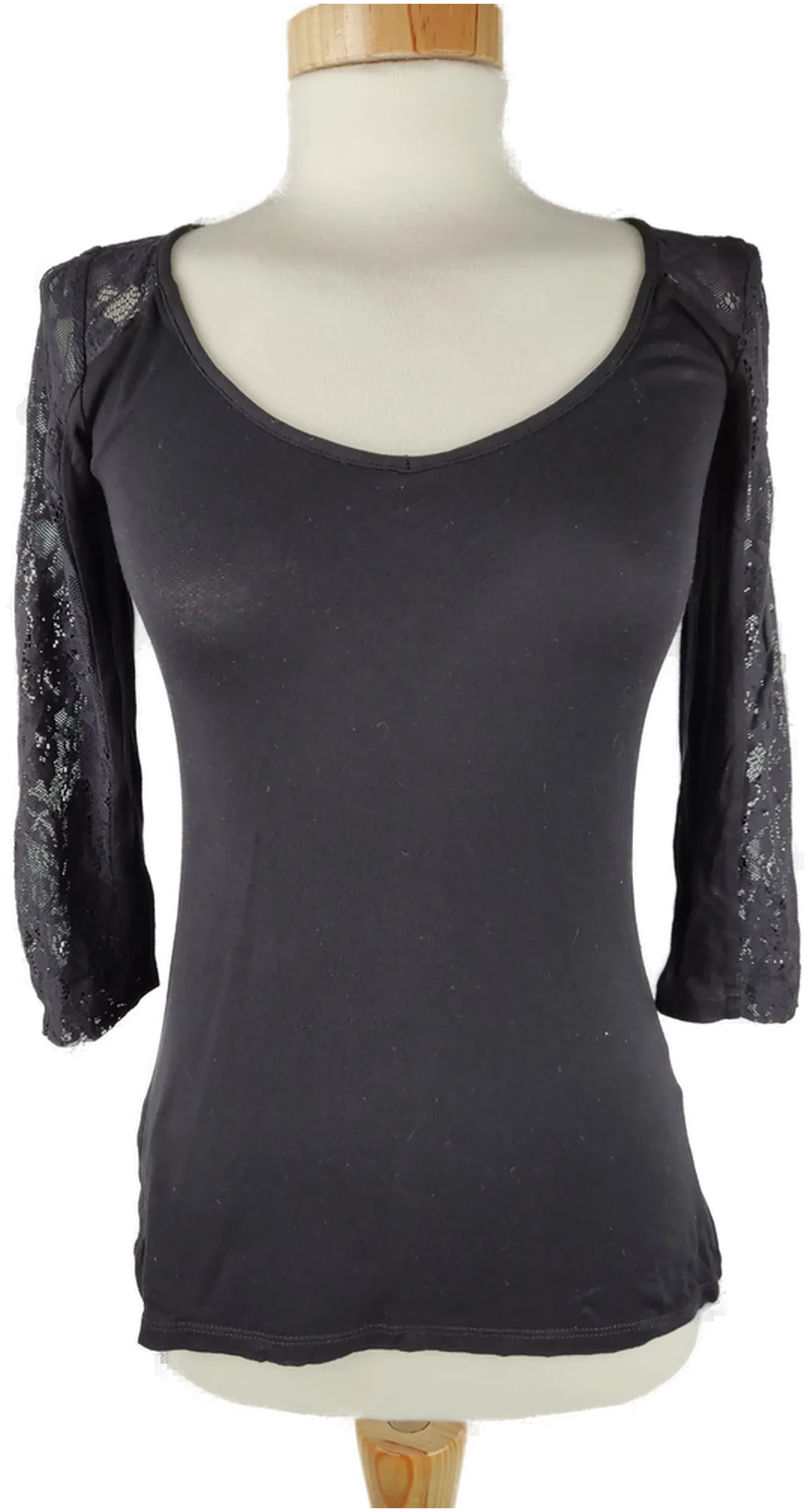 T-Shirt dreiviertelarm mit Rundhalsausschnitt, schwarz mit Spitze, Größe S (geschätzt) - Bild 1